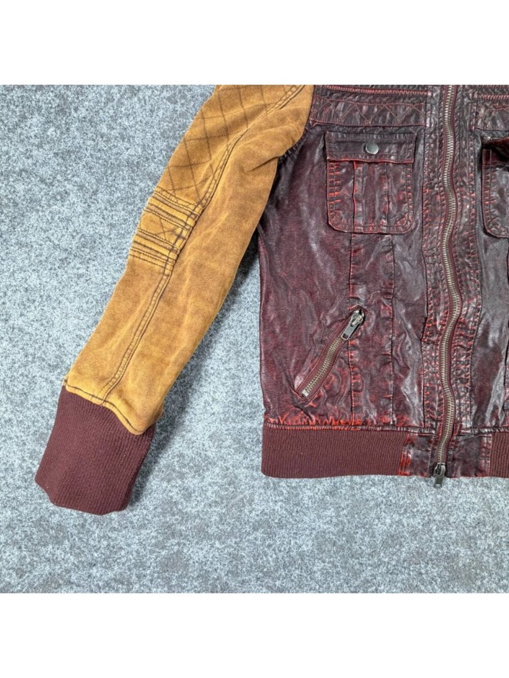 BKE Pieced Full-Zip Jacket Womens XL Burgundy Mustard Faux Leather Ribbed Trim - Picture 6 of 16